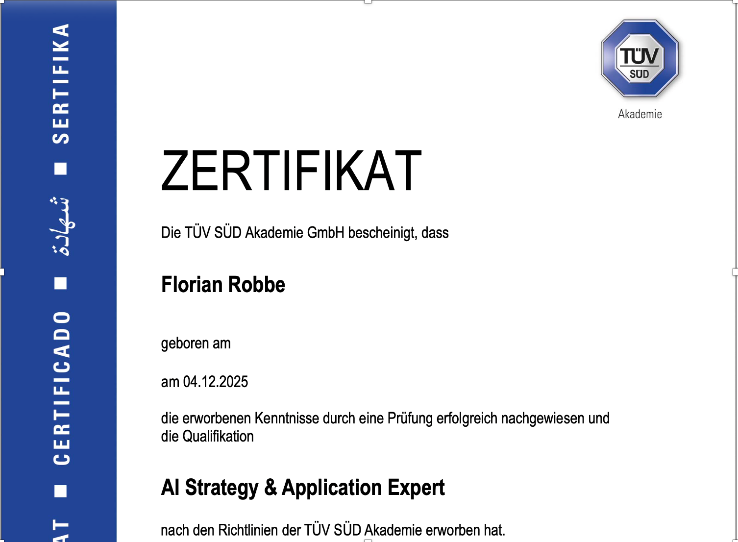 TÜV SÜD AI Strategy & Application Expert Zertifikat